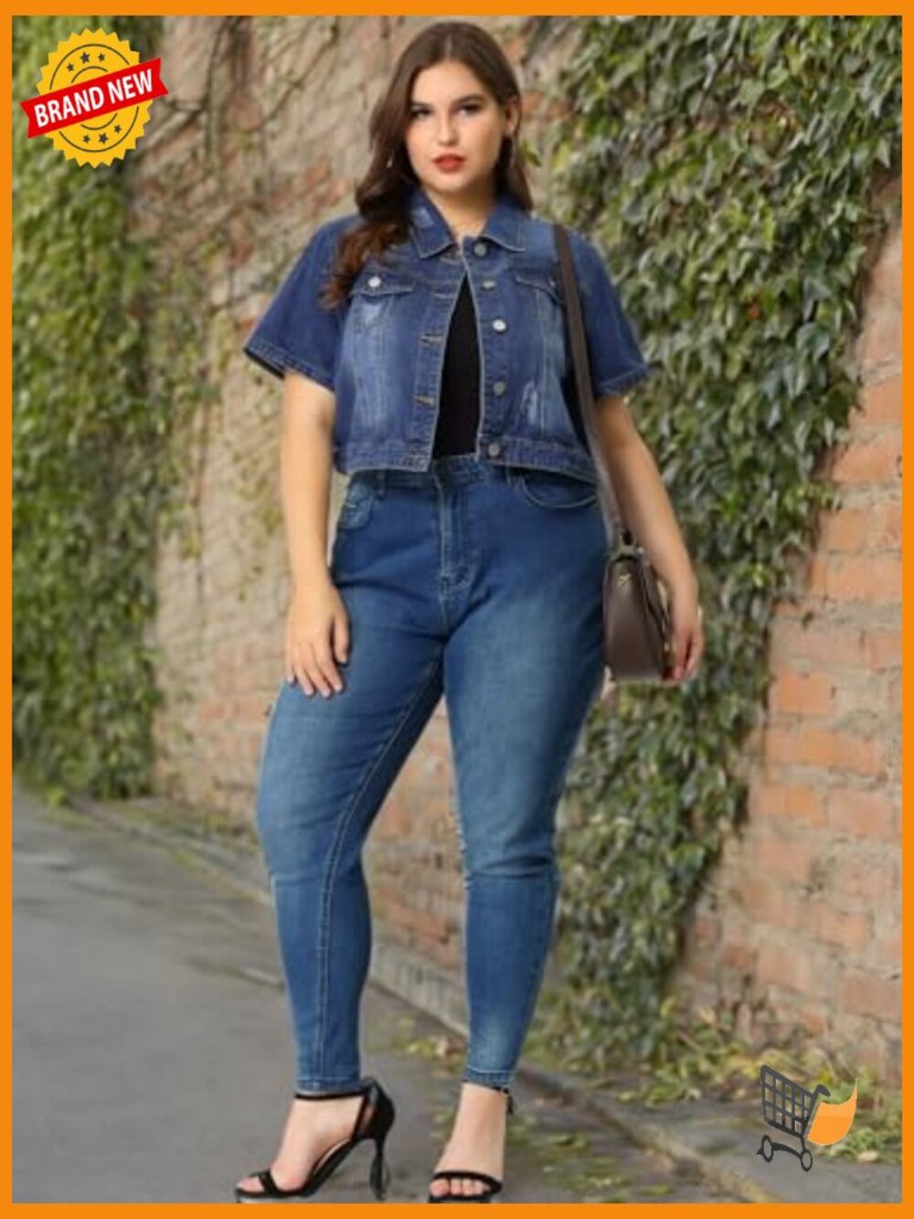 Plus Size Crop Denim Jacket Short Sleeve Button Down - Picture 6 of 7